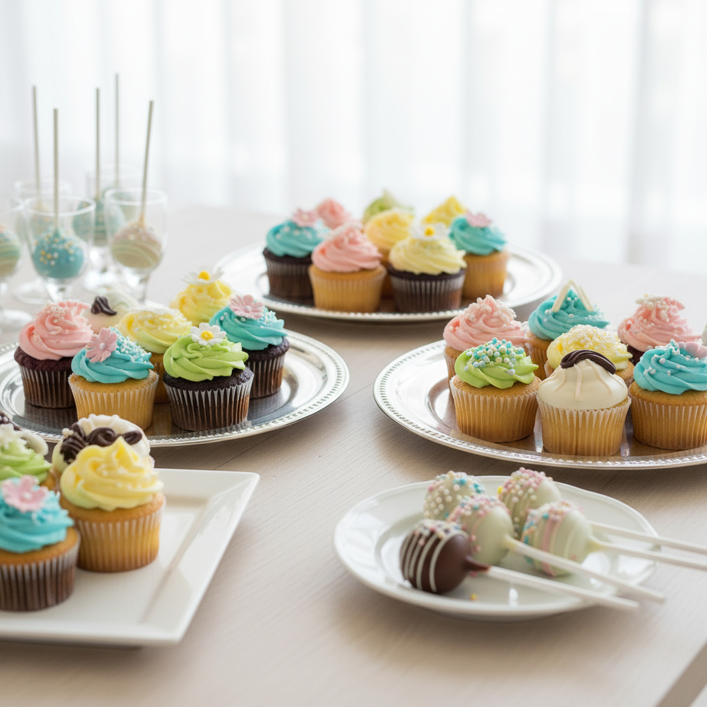 Cupcakes und Cake Pops auf Tablett arrangiert