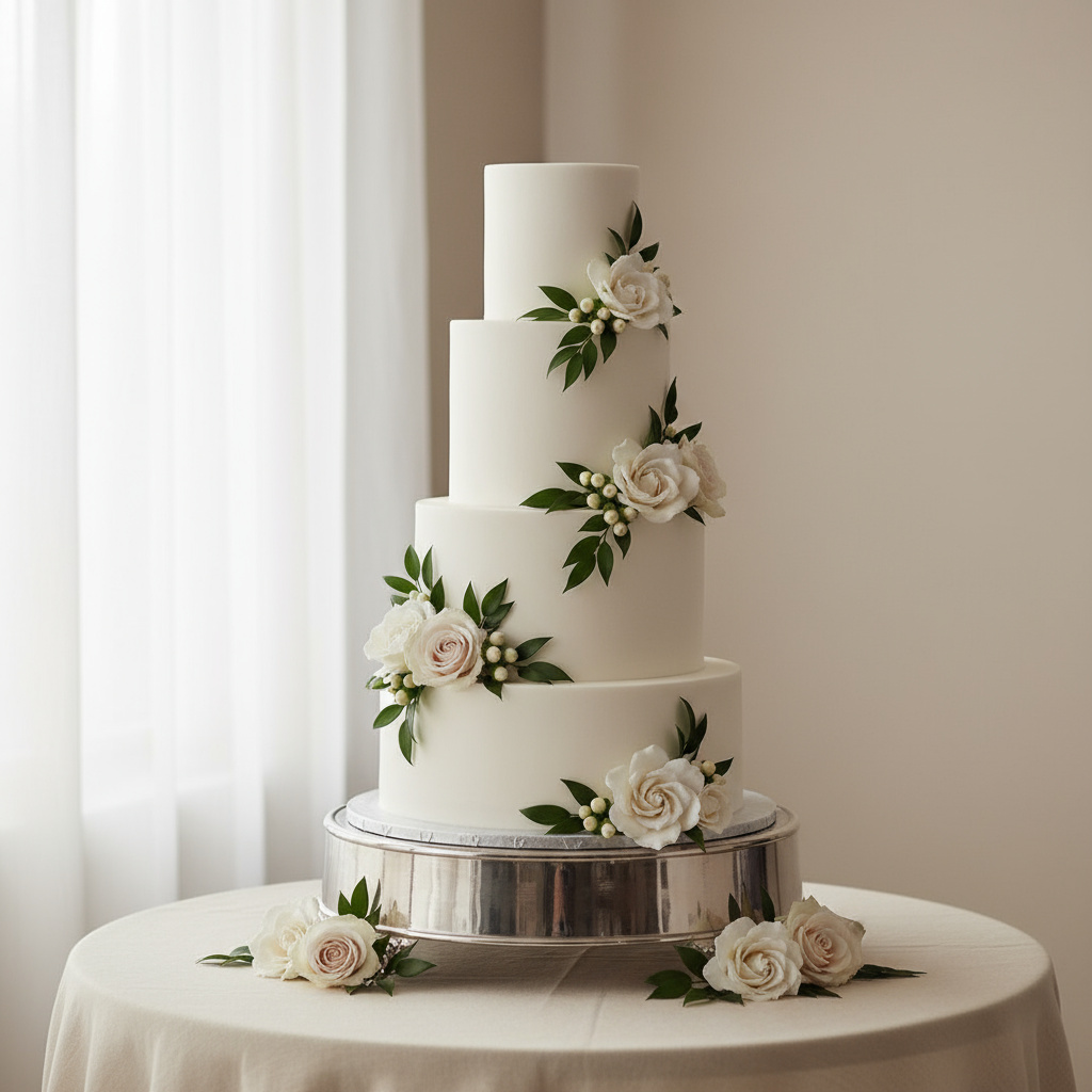 Mehrstöckige Hochzeitstorte mit floraler Dekoration