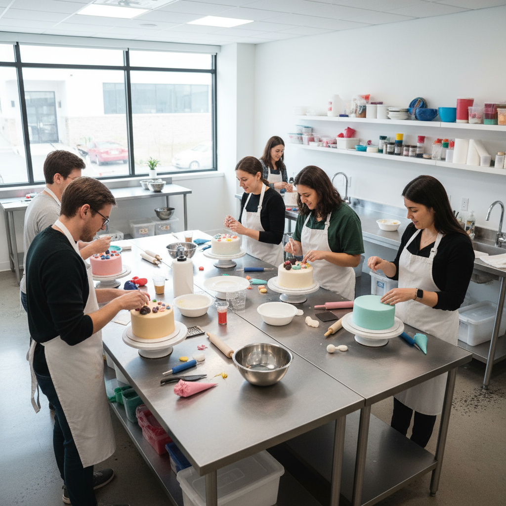 Workshop zur Tortendekoration mit Teilnehmerinnen beim Modellieren
